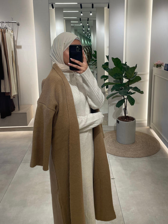 Long camel wool cardigan