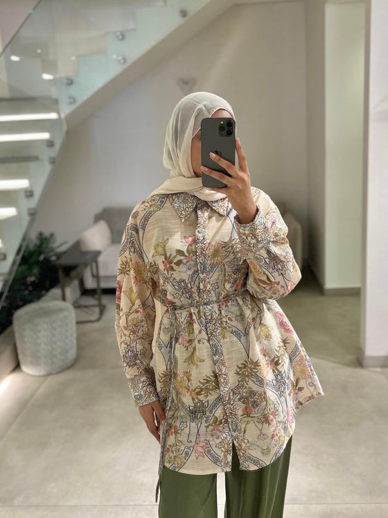 beige printed floral shirt
