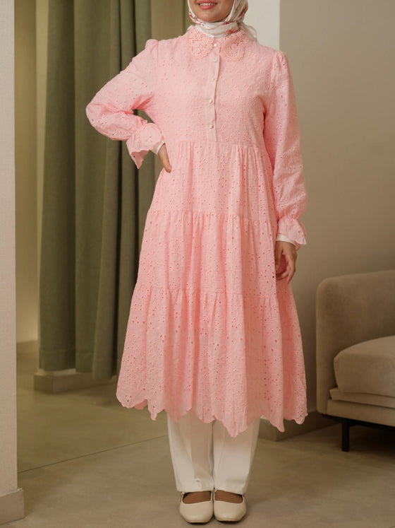 pink crochet shirt dress