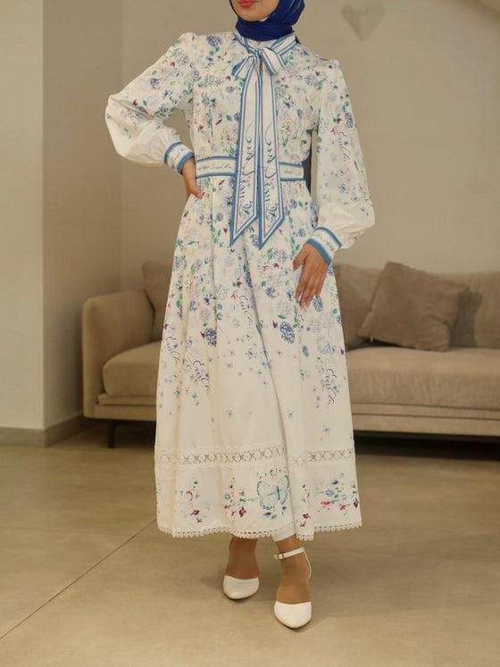 White blue printed floral dress