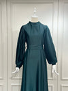 Emerald pleated sleeves evening dress