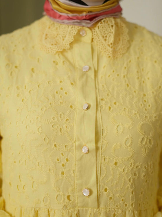 Yellow crochet shirt dress