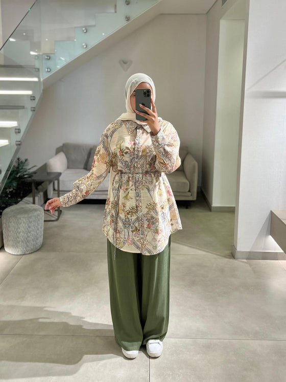 beige printed floral shirt