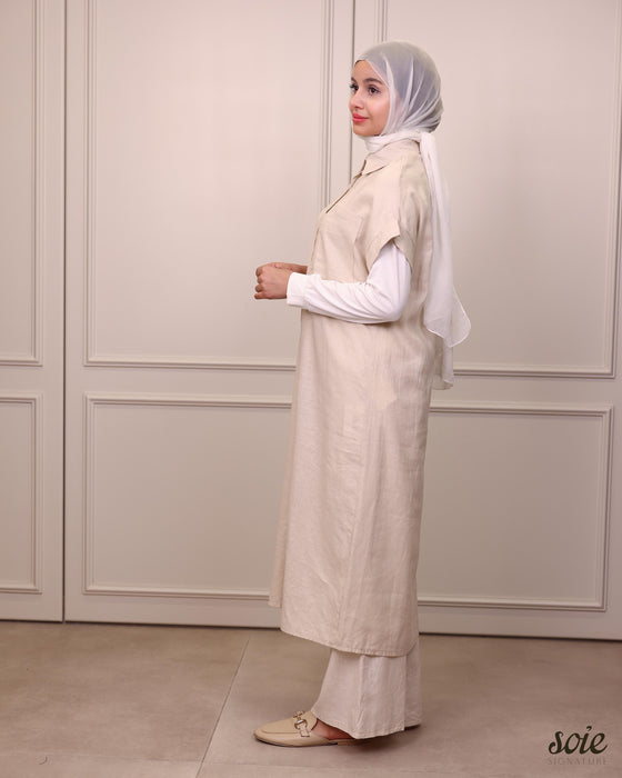 Italy linen sleeveless beige set
