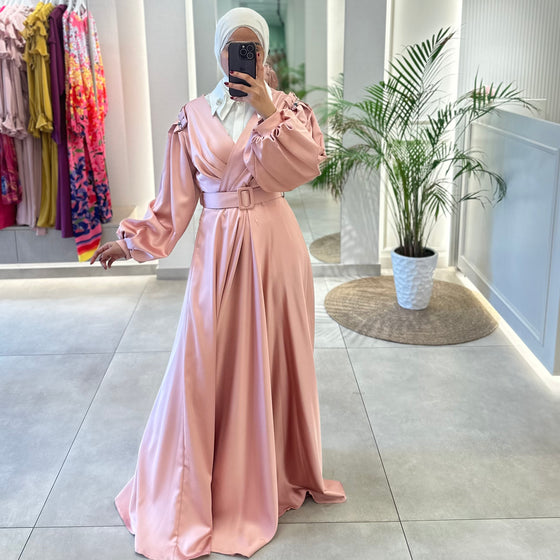 satin pink evening dress