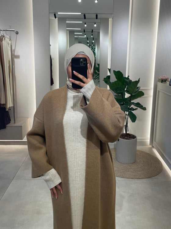 Long camel wool cardigan