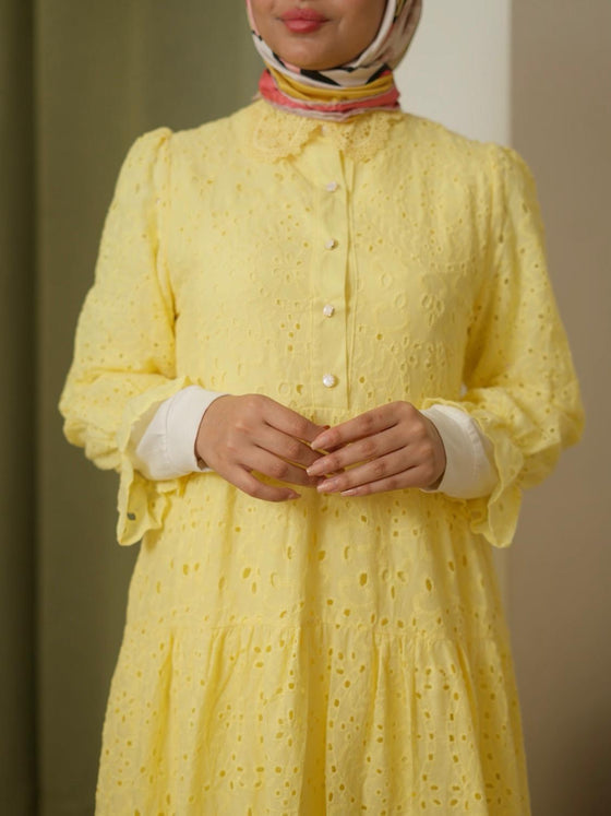 Yellow crochet shirt dress