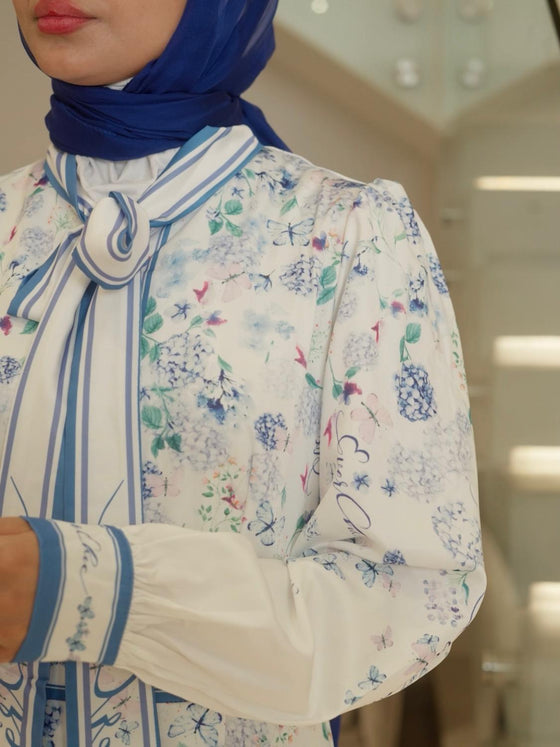 White blue printed floral dress