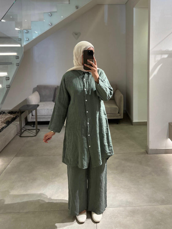 Olive green Italian linen set