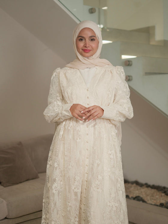 Beige laced evening dress