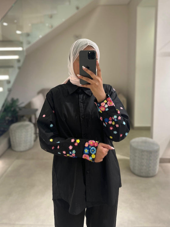 black embroidered floral shirt