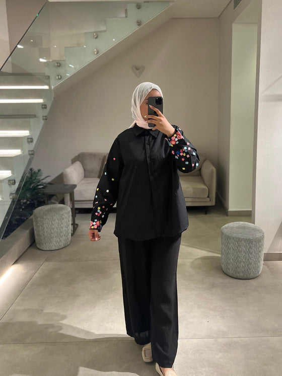 black embroidered floral shirt